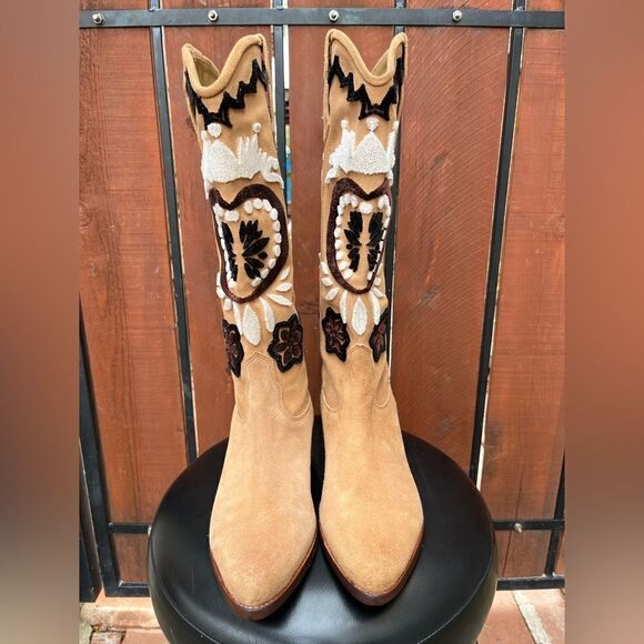 Free People Roundhouse Stitch Suede Embroidered Western Knee High Boots 38EU - Picture 3 of 10